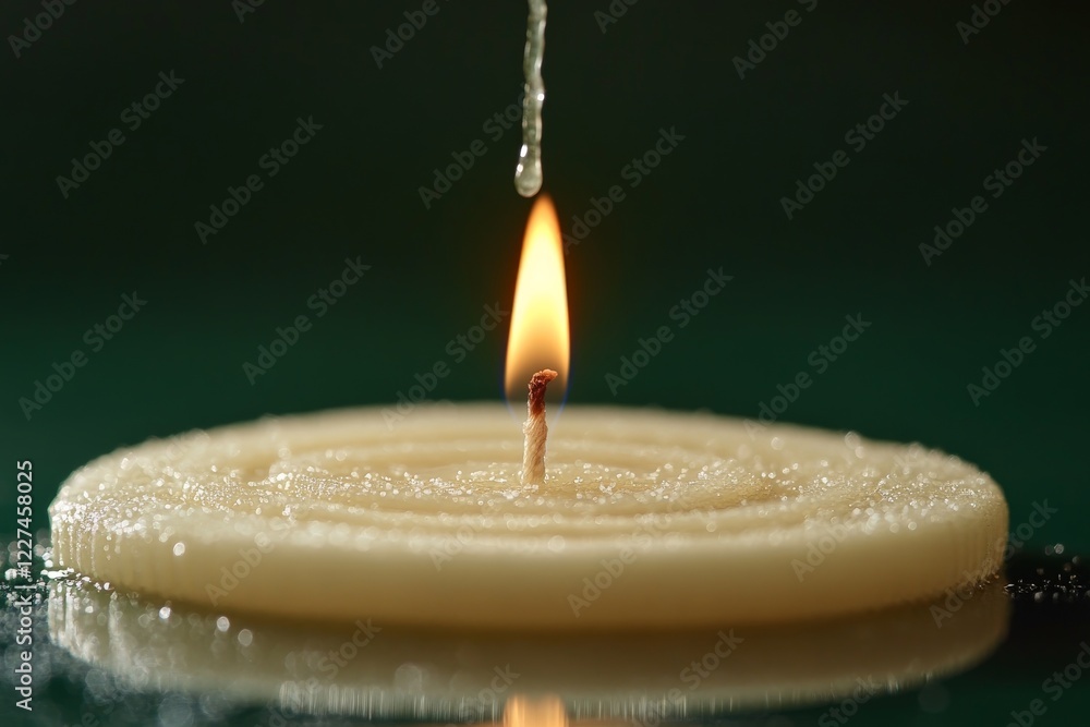 Poster Candle burning with a soft flame and wax melting in a tranquil setting indoors emphasizing relaxation and warmth