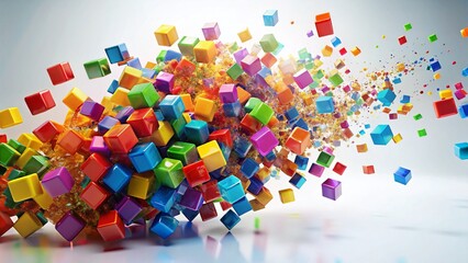 Abstract 3D Render: Flying Cubes Double Exposure Advertising Illustration