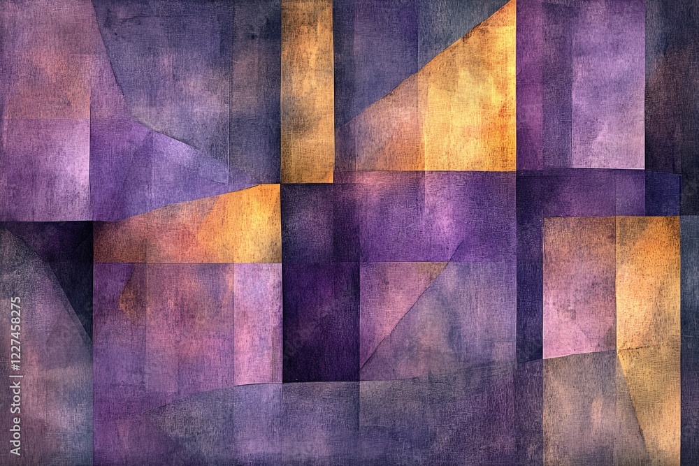 Poster abstract composition in shades of purple and gold depicting geometric forms and textures in a modern
