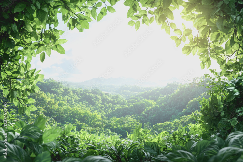 Poster view of a lush green forest through a window with natural light and trees visible in the background