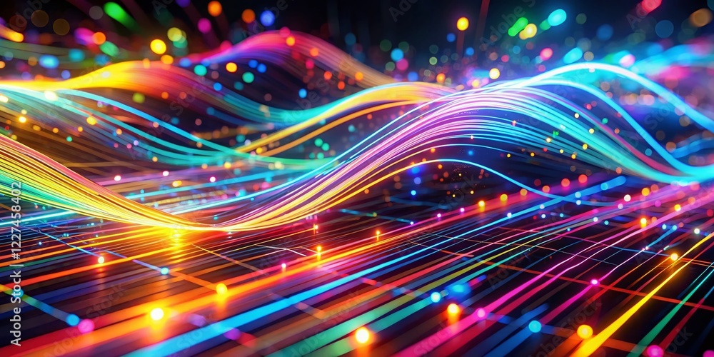 Poster abstract 4k neon tech animation: vivid colors flowing from computer screen