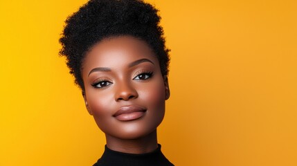 Portrait of a Young Woman with Dark Skin and Curly Hair Against a Yellow Background