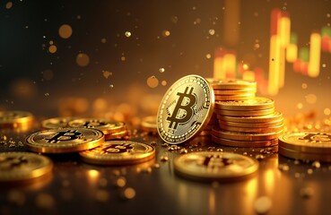 Golden bitcoin coins stacked, scattered on dark surface. Financial graph chart visible in background. Cryptocurrency investment concept. Digital assets, global economy. Future profit. Trendy