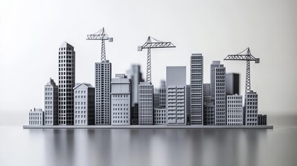 Naklejka premium Industrial Cityscape A Bokeh View of Gray Skylines, Imposing Structures and Tower Cranes