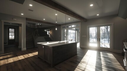 Modern kitchen interior with large island, natural light, and staircase in a cozy home setting