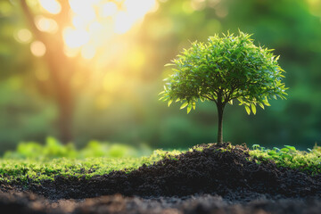 Small tree growing in soil surrounded by grass and natural elements under bright sunlight