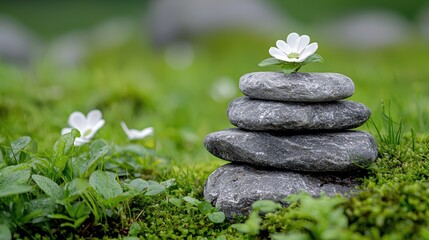 Serene stone stack with flower, tranquil meadow backdrop, peace, mindfulness