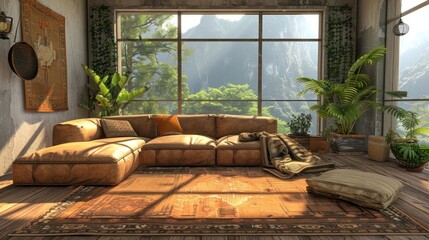 Cozy modern living room with a large sofa, plants, and stunning mountain view through windows