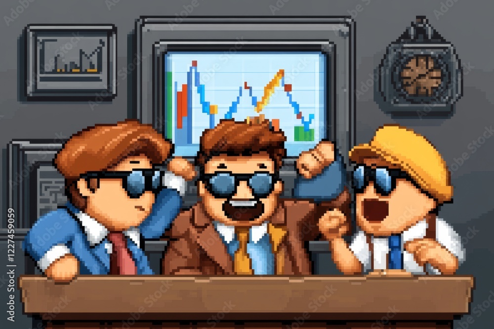 Poster A pixel art scene of a consultant sitting at a desk with a small pixelated screen showing colorful graphs, surrounded by animated team members in a retro office setting