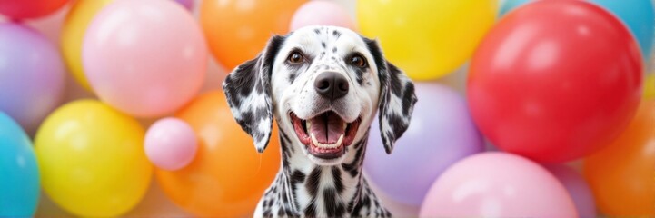 Excited Dalmatian dog in front of colorful balloons at a party