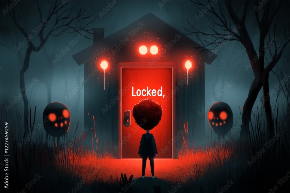 Poster a pixel art scene of a character standing in front of a glowing red door labeled â€œlocked,â€ with 