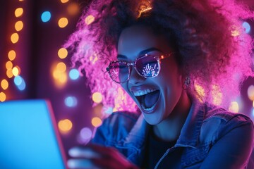 A social media influencer hosting a livestream charity drive, excitedly thanking viewers as donations roll in for a good cause