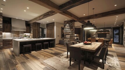 Fototapeta premium Modern rustic kitchen and dining area featuring wooden beams, stone accents, and warm lighting