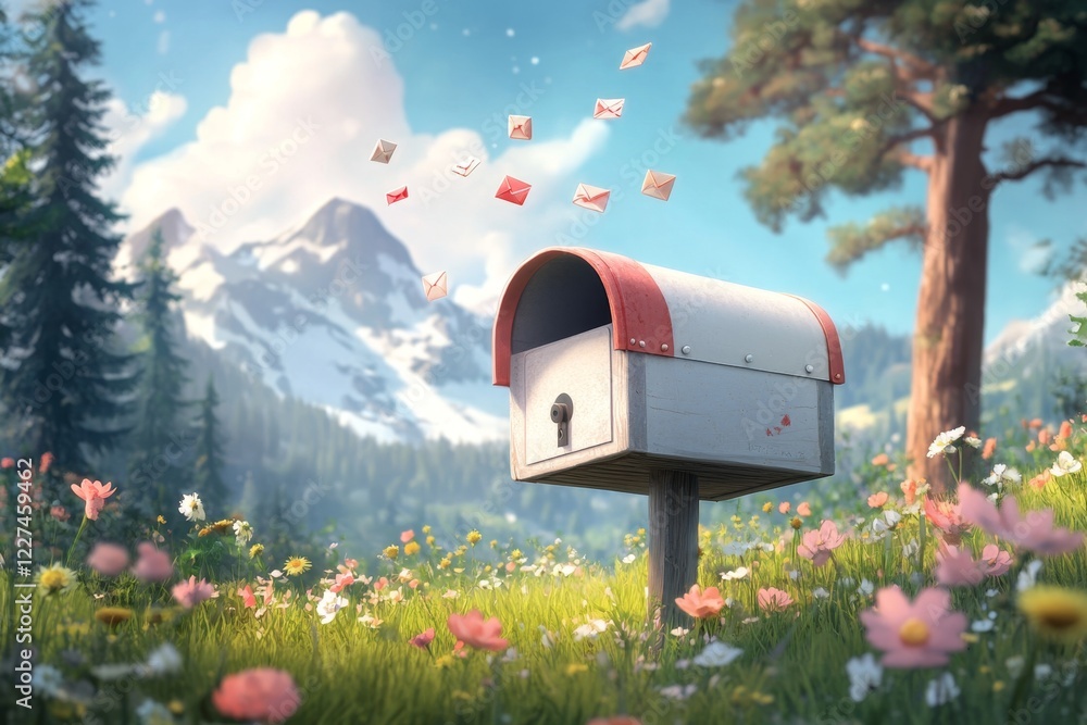 Aufkleber A pixel art scene of a mailbox with tiny animated letters flying in and out, surrounded by a cheerful, pixelated landscape with bright green grass and a sunny sky
