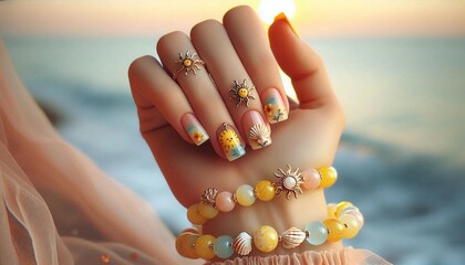 Elegant hand adorned with creative seaside-themed nail art and chic sun and seashell jewelry, set against a serene beach sunset background, radiating summer vibes and artistic beauty.

