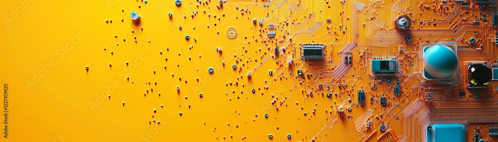 Poster circuit board design on a yellow background, showcasing intricate electronic pathways and components