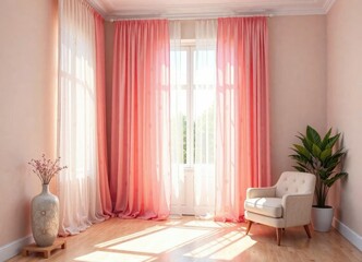 Light pink curtains filter the sunlight, casting a warm and inviting atmosphere in the room, background, natural