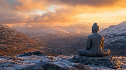 Obraz premium Serene Buddha Statue Overlooking a Peaceful Landscape at Sunset
