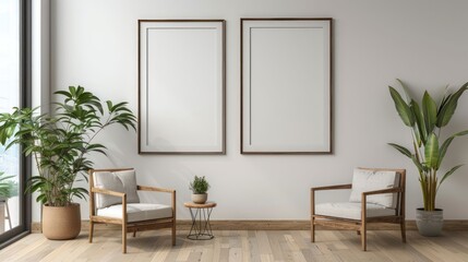 Modern minimalist interior featuring two empty frames, cozy seating, and lush greenery