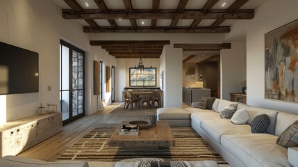 Modern living room with wooden beams, cozy furniture, and a dining area in the background