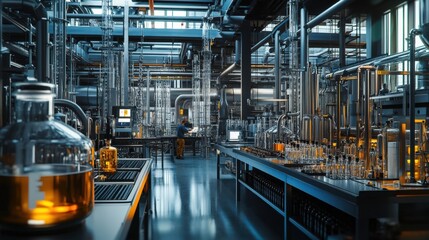 Fototapeta premium A modern lab filled with glassware and equipment for scientific experiments in a clean, industrial space.