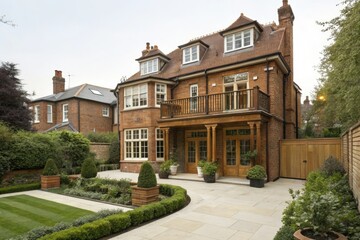 Fototapeta premium London Style Brick Residence with Wooden Balcony and Garden, brick, mortar