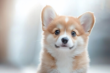 Obraz premium Adorable corgi puppy with a playful expression, set against a soft, blurred background