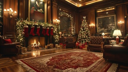 Obraz premium Cozy holiday living room with a decorated Christmas tree, stockings, and a warm fireplace ambiance