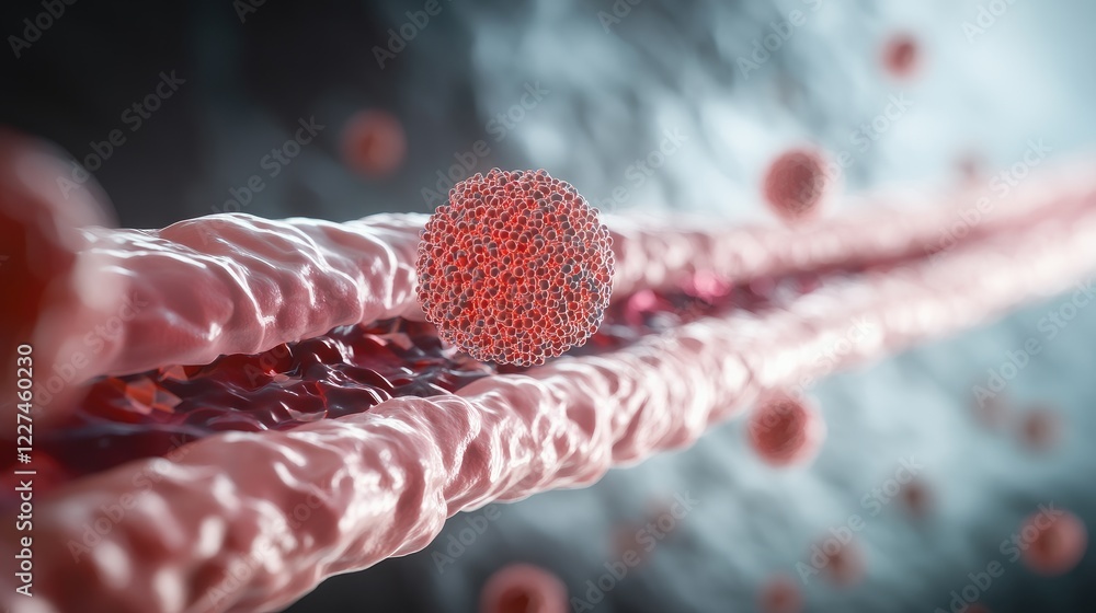 Poster A 3D animation of blood cells circulating through a vein, offering a dynamic view from different angles, showcasing the smooth flow through the vascular system