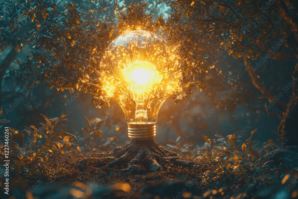 Poster light bulb illuminated in the center of a dense forest surrounded by trees and greenery creating a u