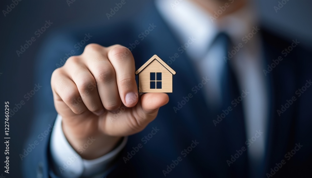 Poster businessman utilizing technology to press property value button on virtual screens in business, tech