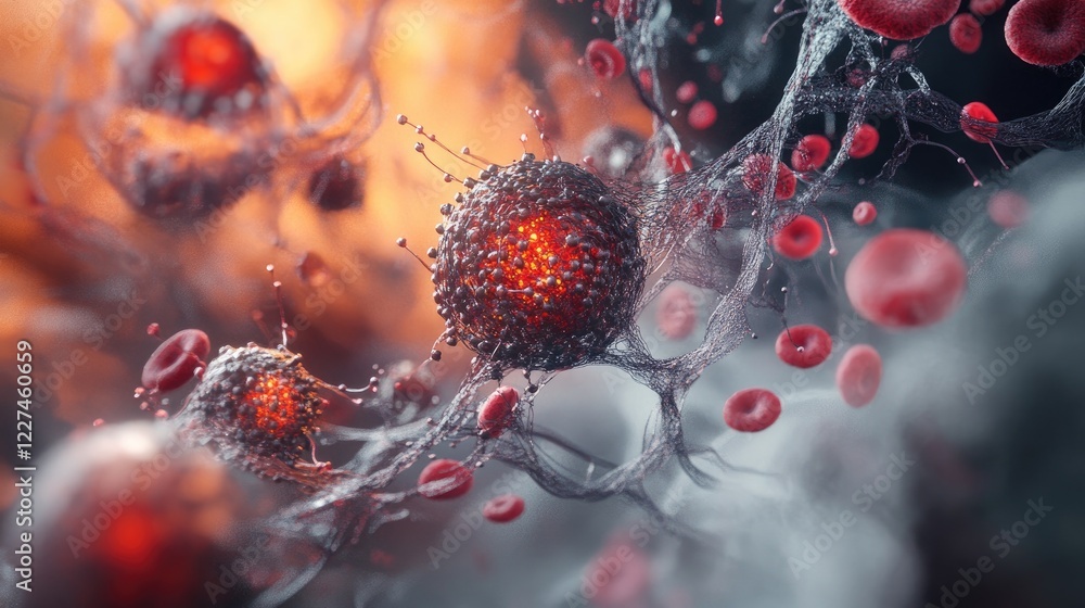 Poster a 3d rendering of blood cells traveling through a vein, showing their movement and the intricate flo