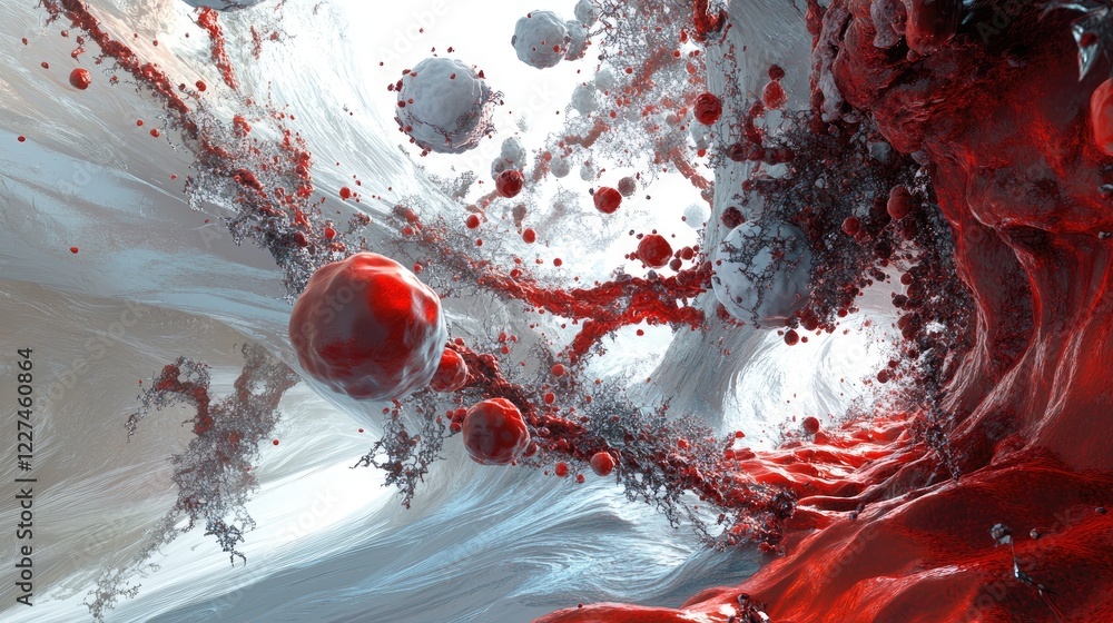 Poster a 3d rendering of blood cells traveling through a vein, showing their movement and the intricate flo