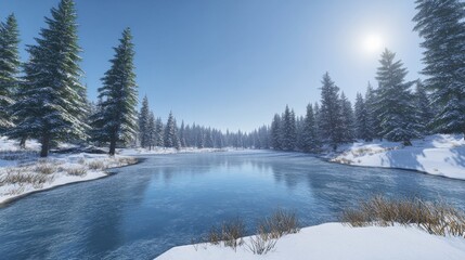 A serene winter landscape with a tranquil river and snow-covered pine trees.