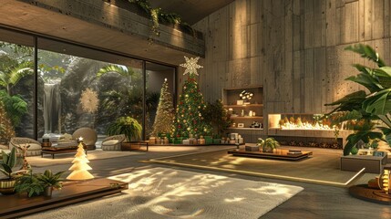 Obraz premium Modern living room with a Christmas tree, fireplace, and waterfall view in a serene environment
