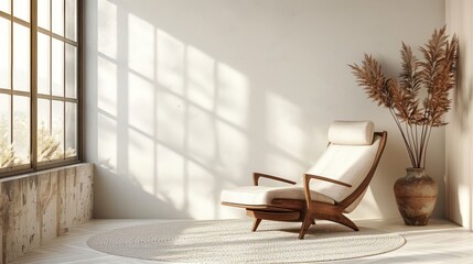 Cozy modern interior featuring a stylish chair, natural light, and decorative plants in a serene setting