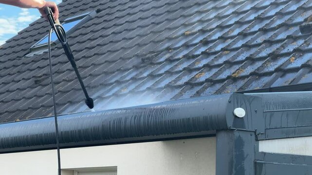 A person using a high-pressure washer to clean a house roof and gutters, removing dirt, moss, and grime buildup with a strong water spray