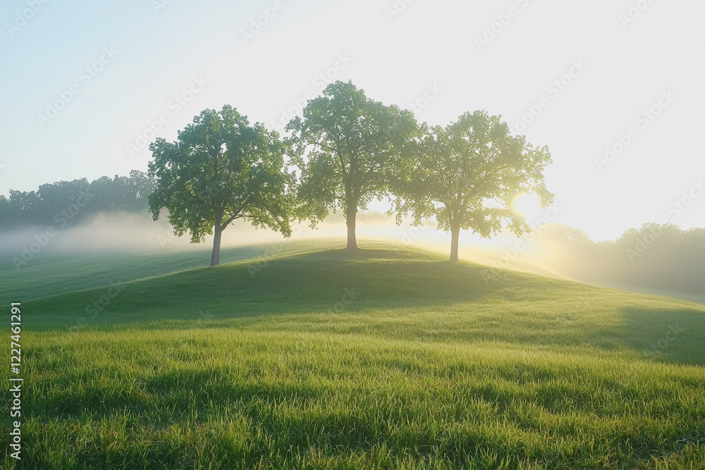 Poster three trees standing in a foggy field surrounded by grass and a mysterious atmosphere on a cloudy da