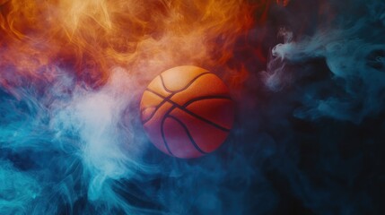 Fototapeta premium A basketball floating with swirling smoke in vibrant hues of orange, blue, and magenta, symbolizing energy, motion, and excitement in the sport