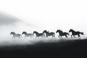 Majestic horses galloping through a foggy landscape at dawn, creating a serene and ethereal atmosphere