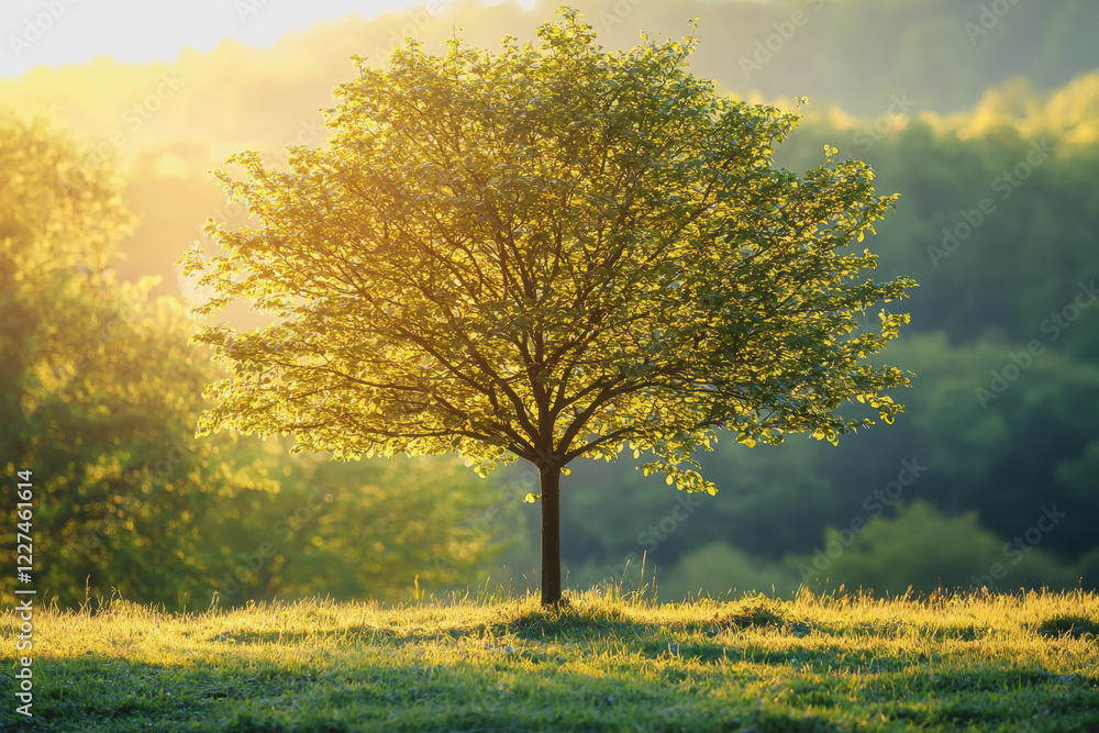 Poster single tree standing alone in an open field surrounded by grass and blue sky with few clouds on a su