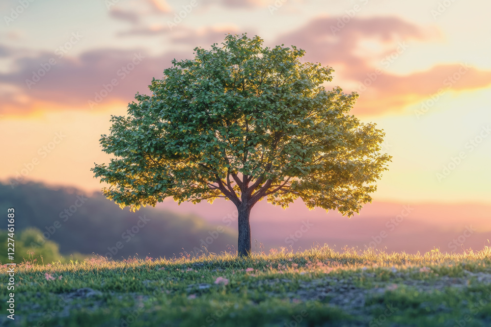 Poster tree standing alone in a wide open field under a clear blue sky with green grass surrounding it crea