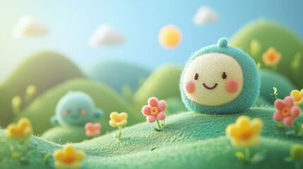 Obraz premium Colorful Dreamy Spring Landscape made of Wool with Happy Chinese Character and Flowers.