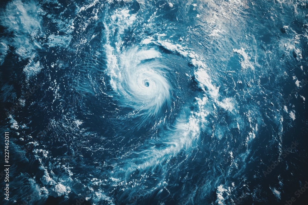 Poster hurricane viewed from space showcasing swirling clouds and storm patterns in the atmosphere with ear