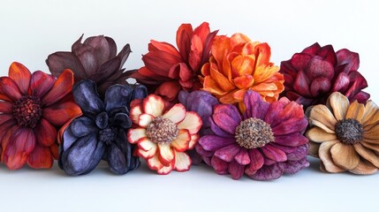 A beautiful arrangement of vibrant flowers, each dyed with a unique natural shade, showcasing a harmonious blend of colors and the beauty of eco-friendly craftsmanship