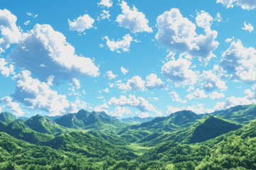 Obraz premium Panoramic view of a scenic mountain range under a clear blue sky with clouds and lush green valleys in the foreground during a bright sunny day