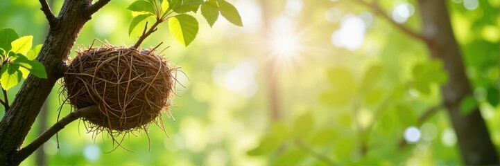 Obraz premium Bird's nest hanging from a tree branch with sunlight shining through.