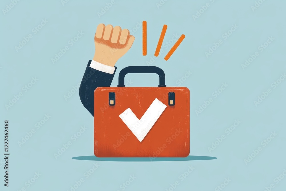 Poster a simple flat design of a briefcase with a glowing checkmark over it, symbolizing successful employm