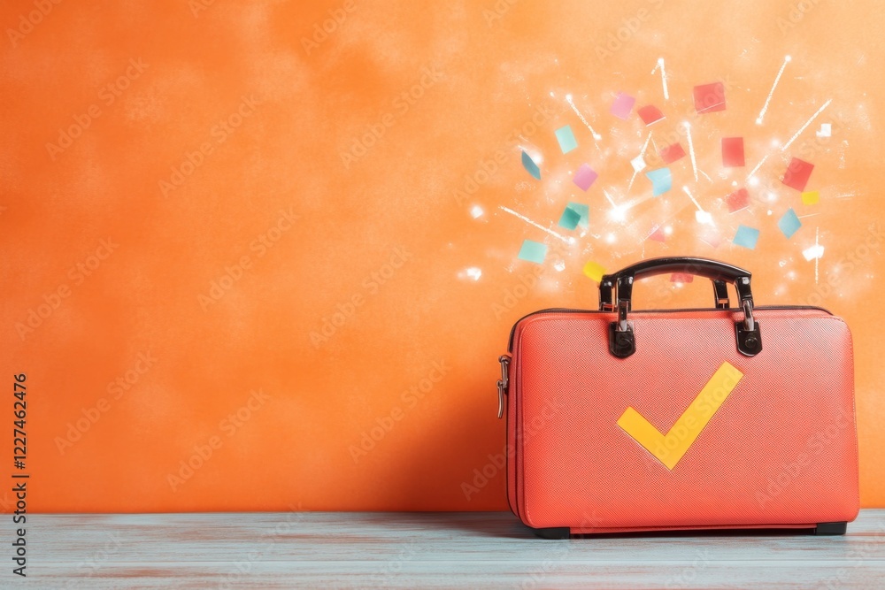 Poster a simple flat design of a briefcase with a glowing checkmark over it, symbolizing successful employm