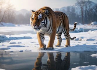 Obraz premium Majestic Siberian tiger crouches behind a frozen lake, predator, camouflage, tiger